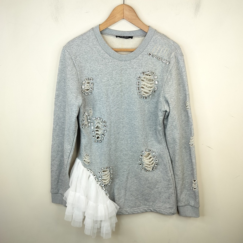 Akira Sweatshirt Tunic Large Distressed Rhinestone Tulle Ruffle Edgy Glam